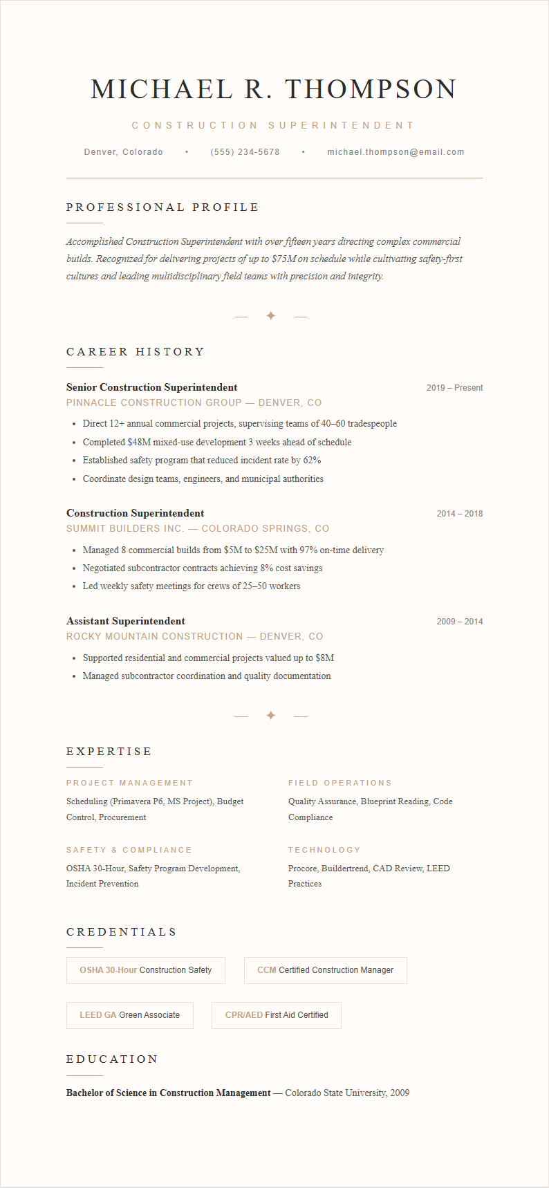 Elegant sophisticated construction superintendent resume